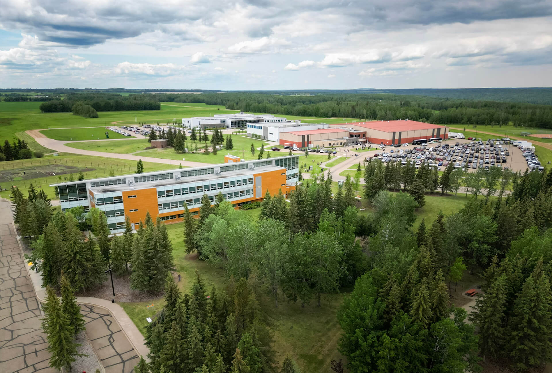 an aerial view of AU campus and the Athabasca multiplex