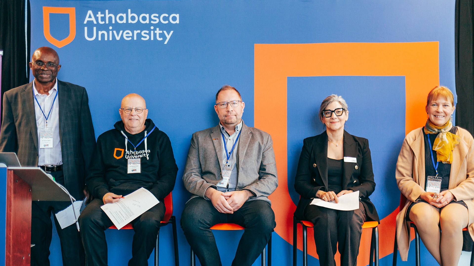 Dr. Simon Sigué (Faculty of Graduate Studies), Dr. Richard Dixon (Faculty of Business), Dr. Steve Johnson (Faculty of Health Disciplines), Dr. Manijeh Mannani (Faculty of Humanities and Social Sciences) and Dr. Shauna Zenteno (Faculty of Science and Technology) 