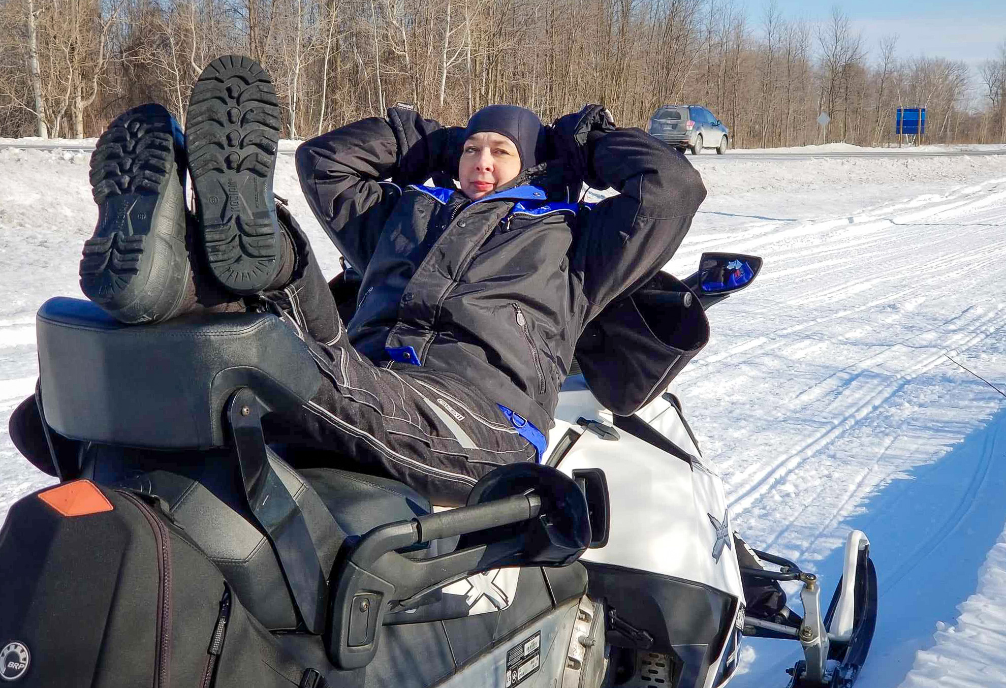 Kimberley Melbourne with her feet up on a sled Kimberley Melbourne with her feet up on a sled