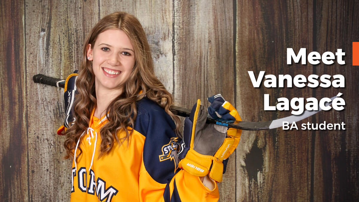 Vanessa Legace holding a hockey stick over her shoulders.
