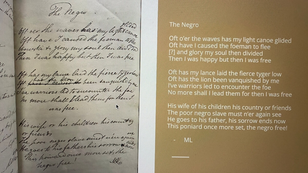 Screenshot of NASSR presentation showing a side-by-side of original handwritten text of the poem "The Negro" opposite the text typed out Screenshot of NASSR presentation showing a side-by-side of original handwritten text of the poem "The Negro" opposite the text typed out