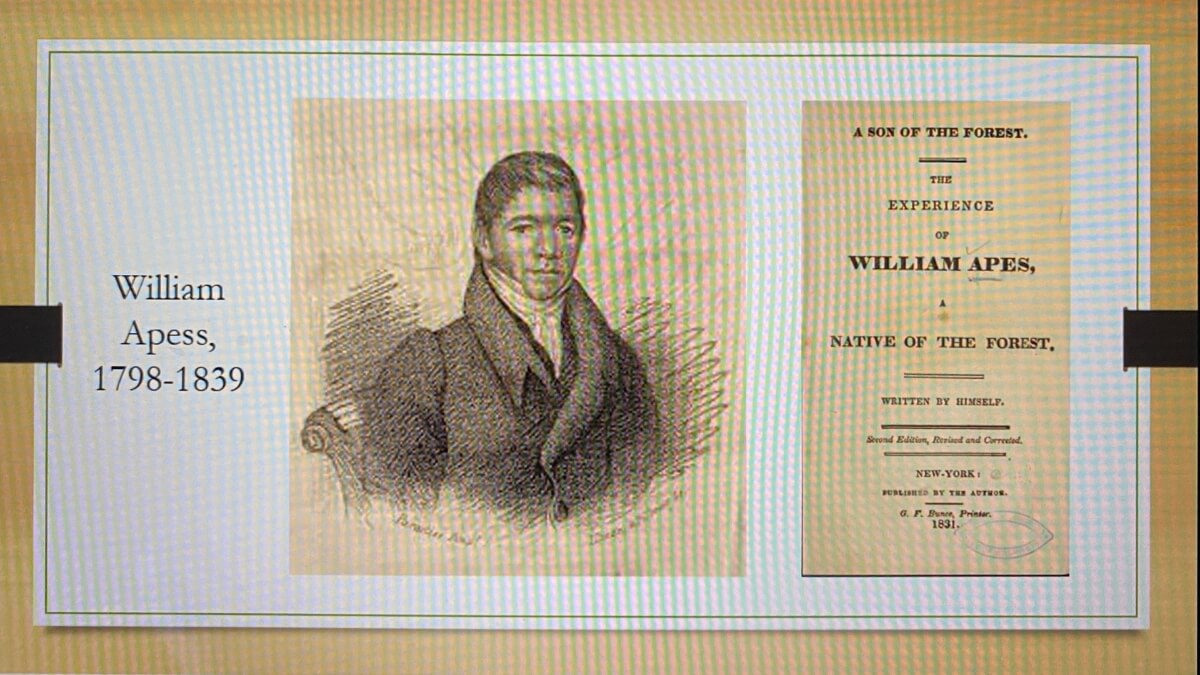 Screenshot of NASSR keynote presentation about William Apess, 1798-1839, showing a hand drawn image of him and the cover of his biography Screenshot of NASSR keynote presentation about William Apess, 1798-1839, showing a hand drawn image of him and the cover of his biography