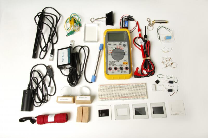 Athabasca University's take-home lab kits, like this one for Physics 202, include all the required equipment and materials.