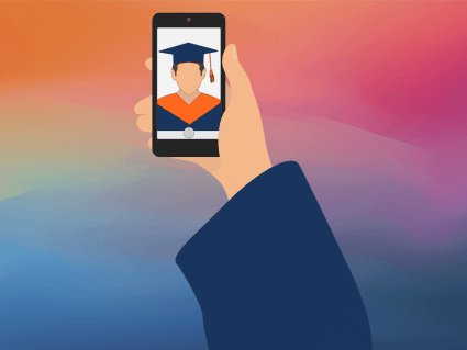 cartoon image of hand holding a cellphone with a photo of a selfie on the phone in graduation robes
