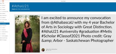 Shelley Wiart social post that says, "I am excited to announce my convocation from @AthabascaU with my 4 year Bachelor of Arts in Sociology with great distinction
