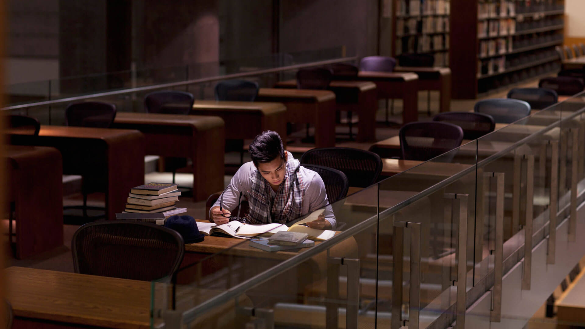person studying in a library