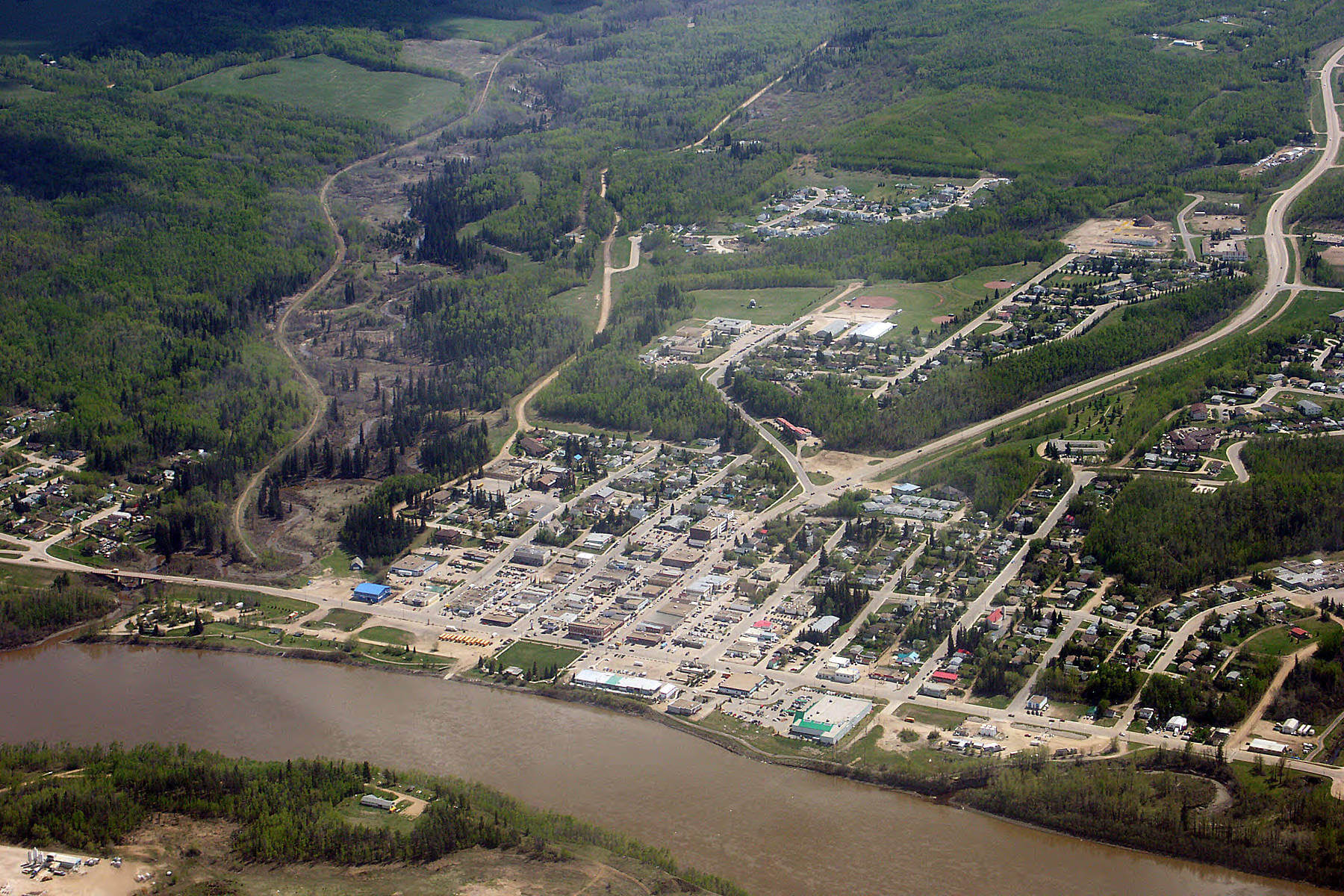 Aerial view of the town of Athabasca