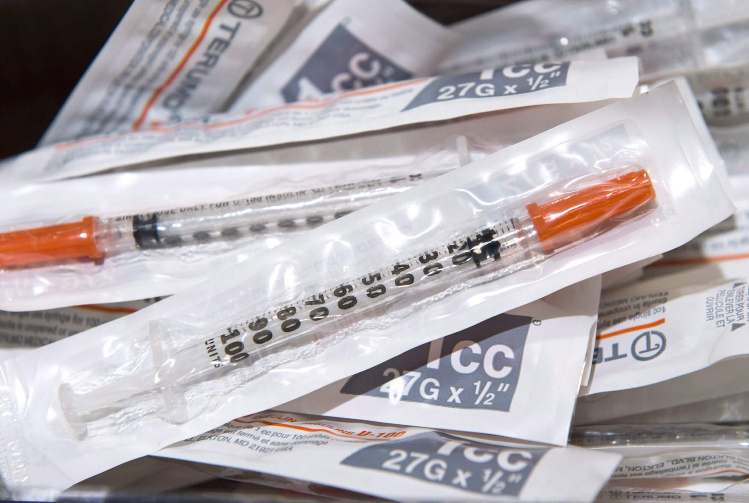 Syringes in plastic wrapping