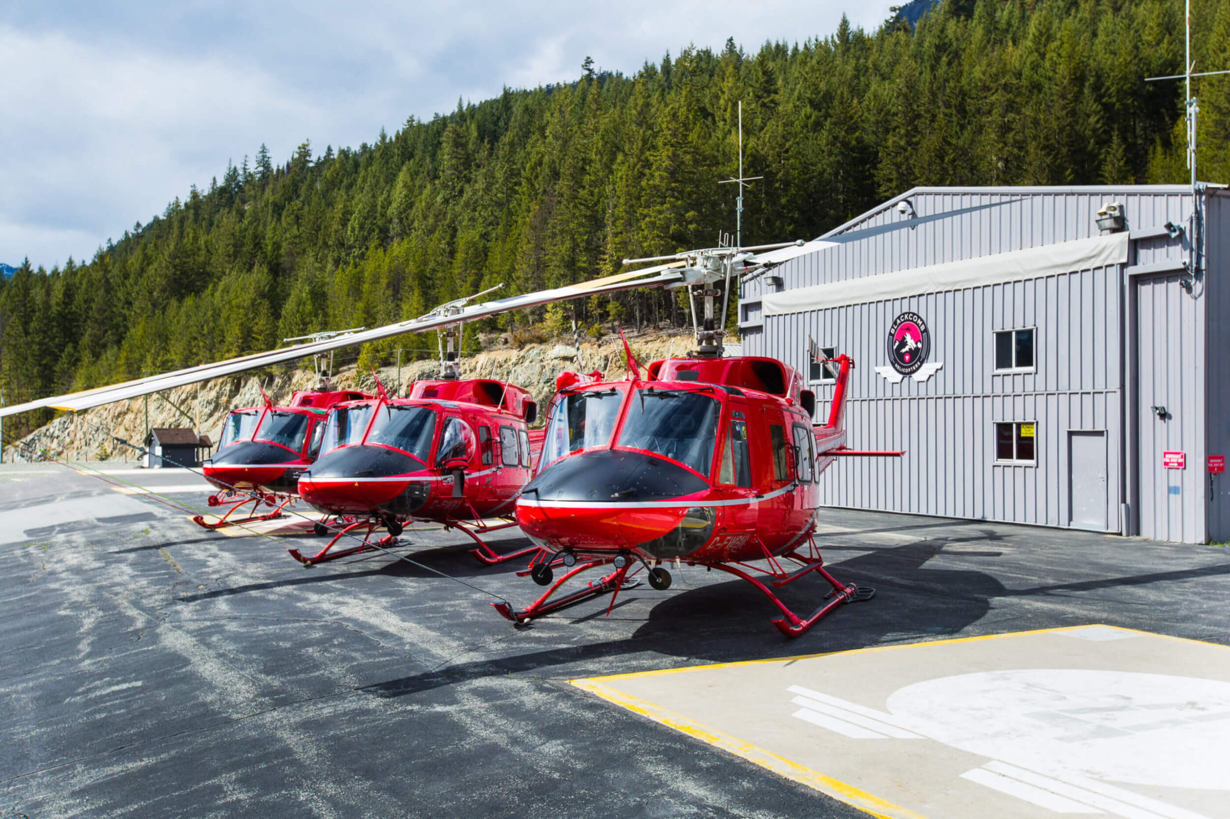 a row of helicopters on the ground with a mountain in the background