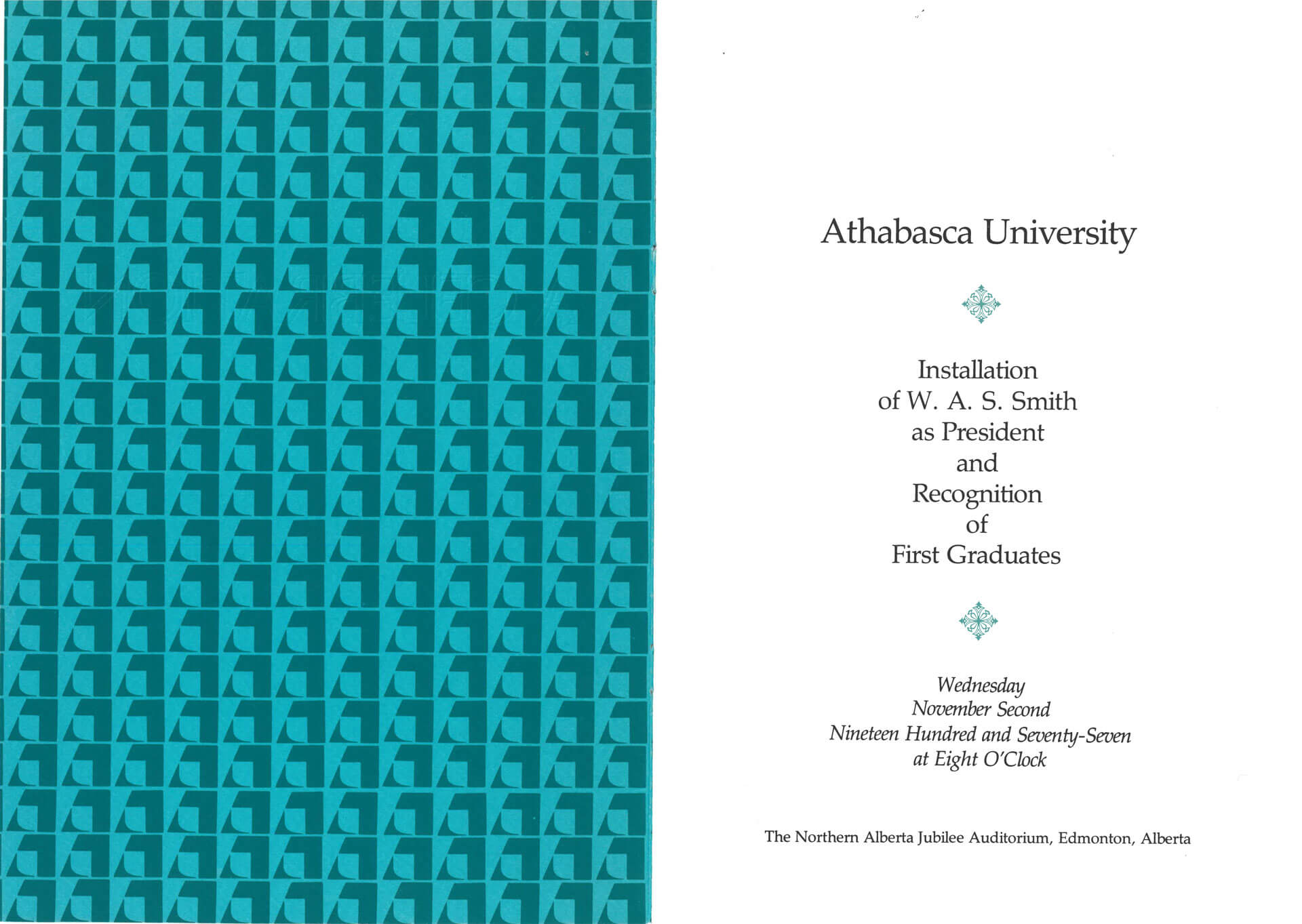 The image is from the inside cover of the 1977 convocation program and features the original AU logo in a teal-coloured pattern.