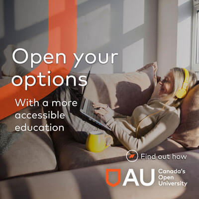 AU ad with headline Open your options and image of person using their laptop on their couch