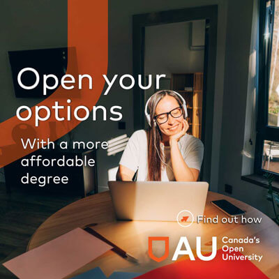 AU ad with headline Open your options and image of person using laptop at kitchen table