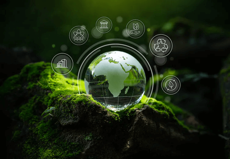 green aground with image of earth and six icons