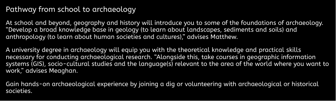 screenshot of text about pathways to become an archaeologist