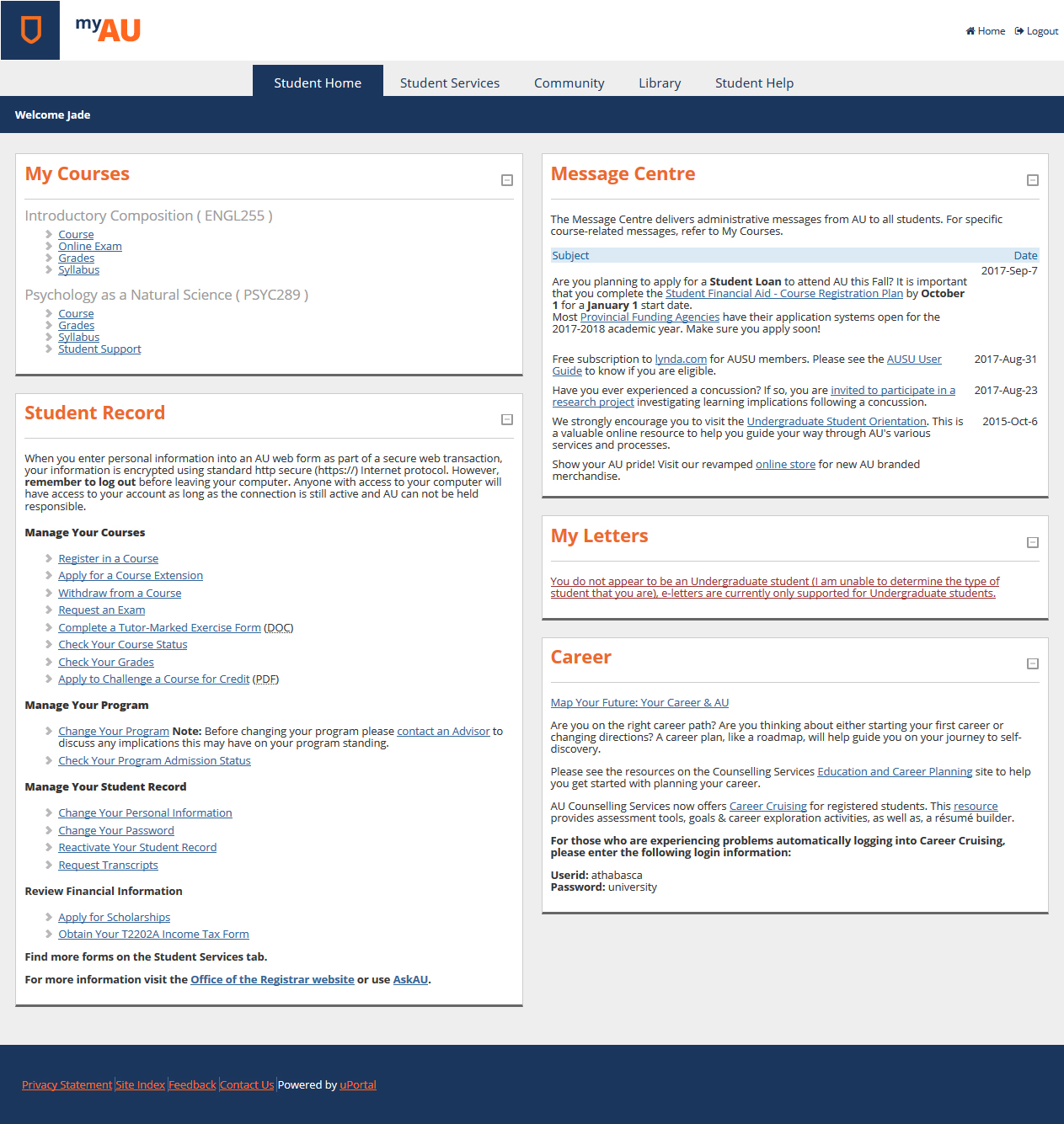 myAU Student Home Tab
