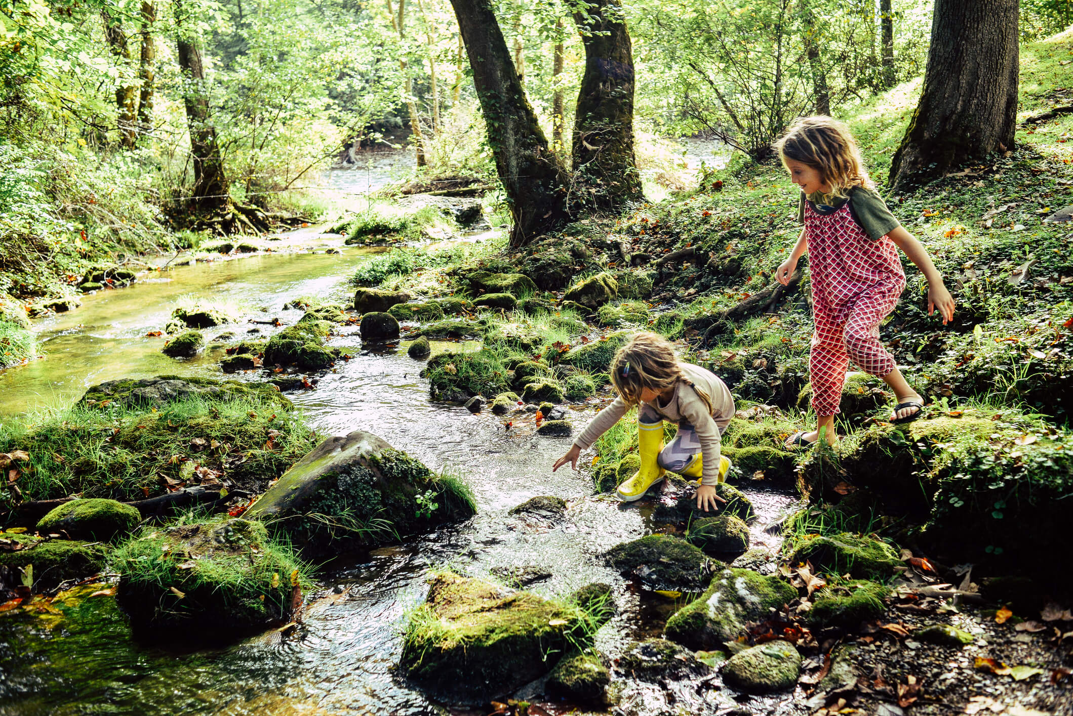 Day at the River Two children having an adventure, climbing and stepping in a river exploring a beautiful natural area.