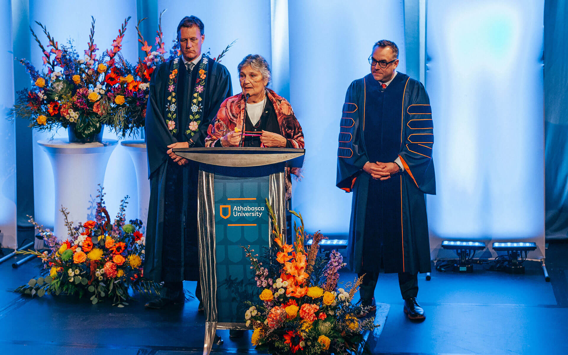 Maria-Campbell-1920-1200 AU Elder in Residence Dr. Maria Campbell offers a blessing before the installation of Dr. Alex Clark.
