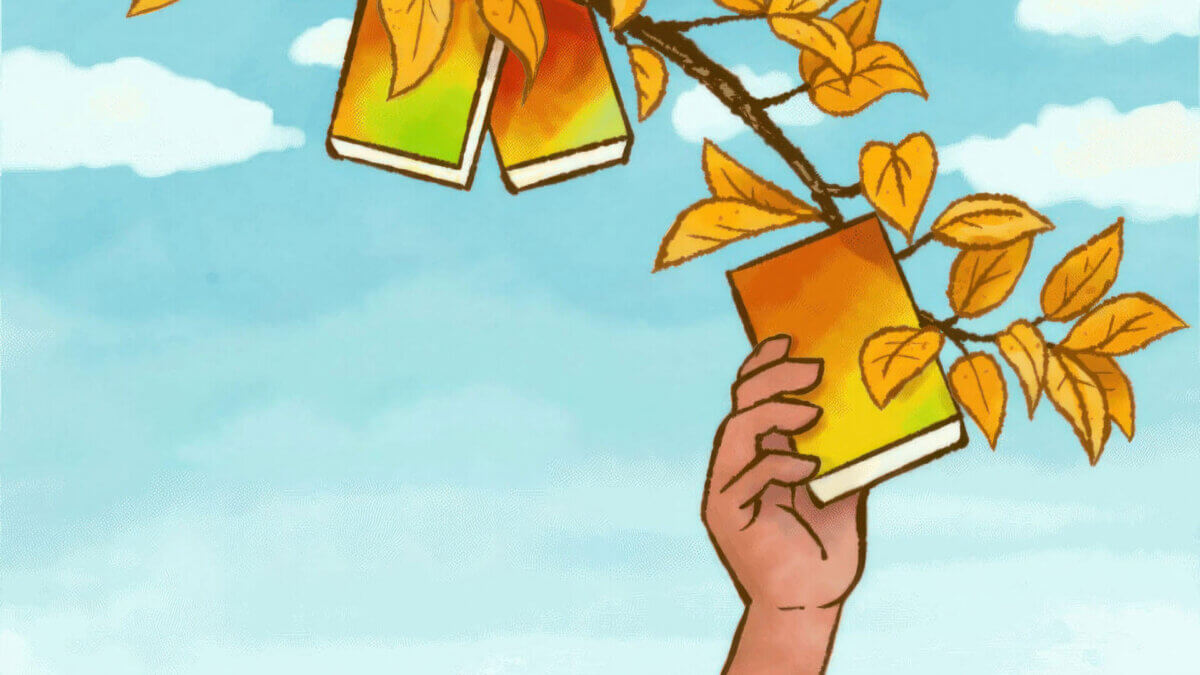 illustration of a hand reaching into a tree and picking a book